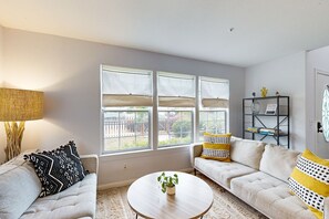 TV, fireplace, books
