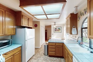 Fridge, microwave, oven, stovetop - Infinity Ranch: Wooded Retreat on 7 Acres w/ Continuous Wave Pool & Hot Tub (Cloverdale)