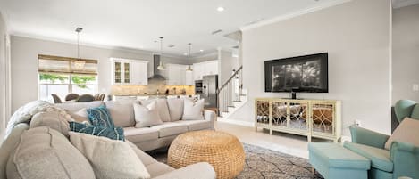 Smart TV, fireplace, video games, foosball