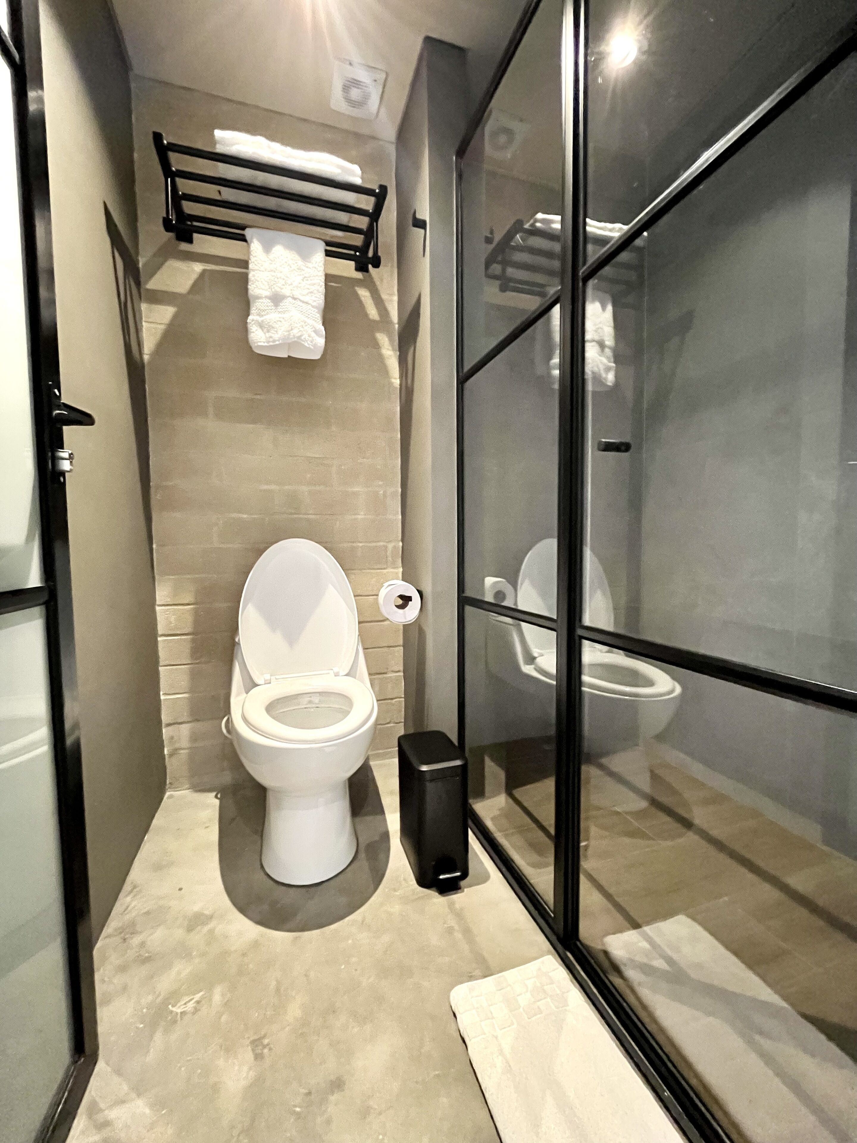 A modern bathroom with a toilet, a glass shower enclosure, and a towel rack.
