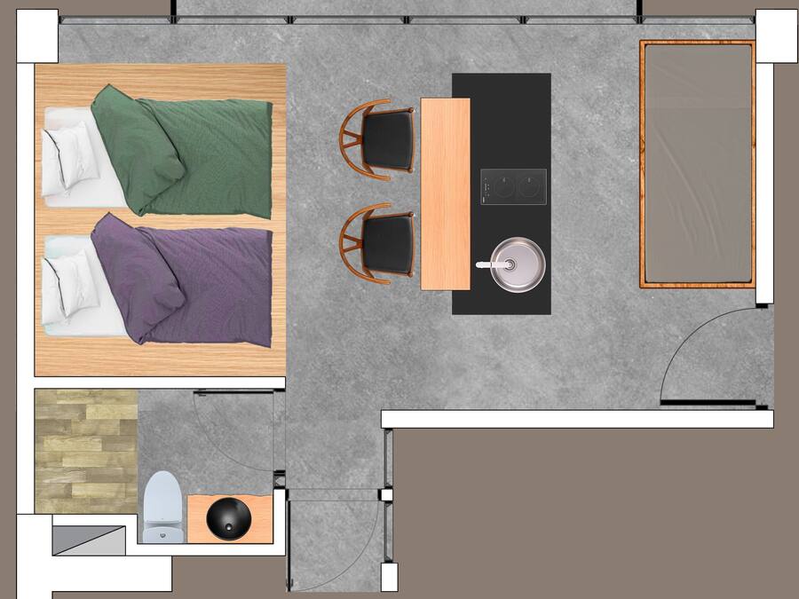 A top-down view of a room with a bed, a dining table with chairs, a kitchen area with a stove, a toilet, and a shower.
