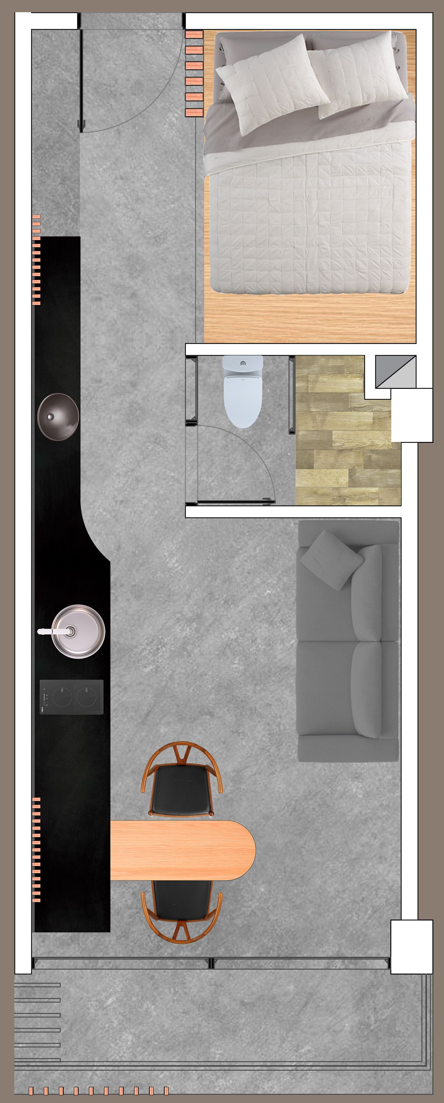 Ein Schlafzimmer mit Bett, ein Badezimmer mit Toilette und Waschbecken, eine kleine Sitzecke mit Tisch und Stuhl sowie eine Küchenzeile mit Herd und Spüle.