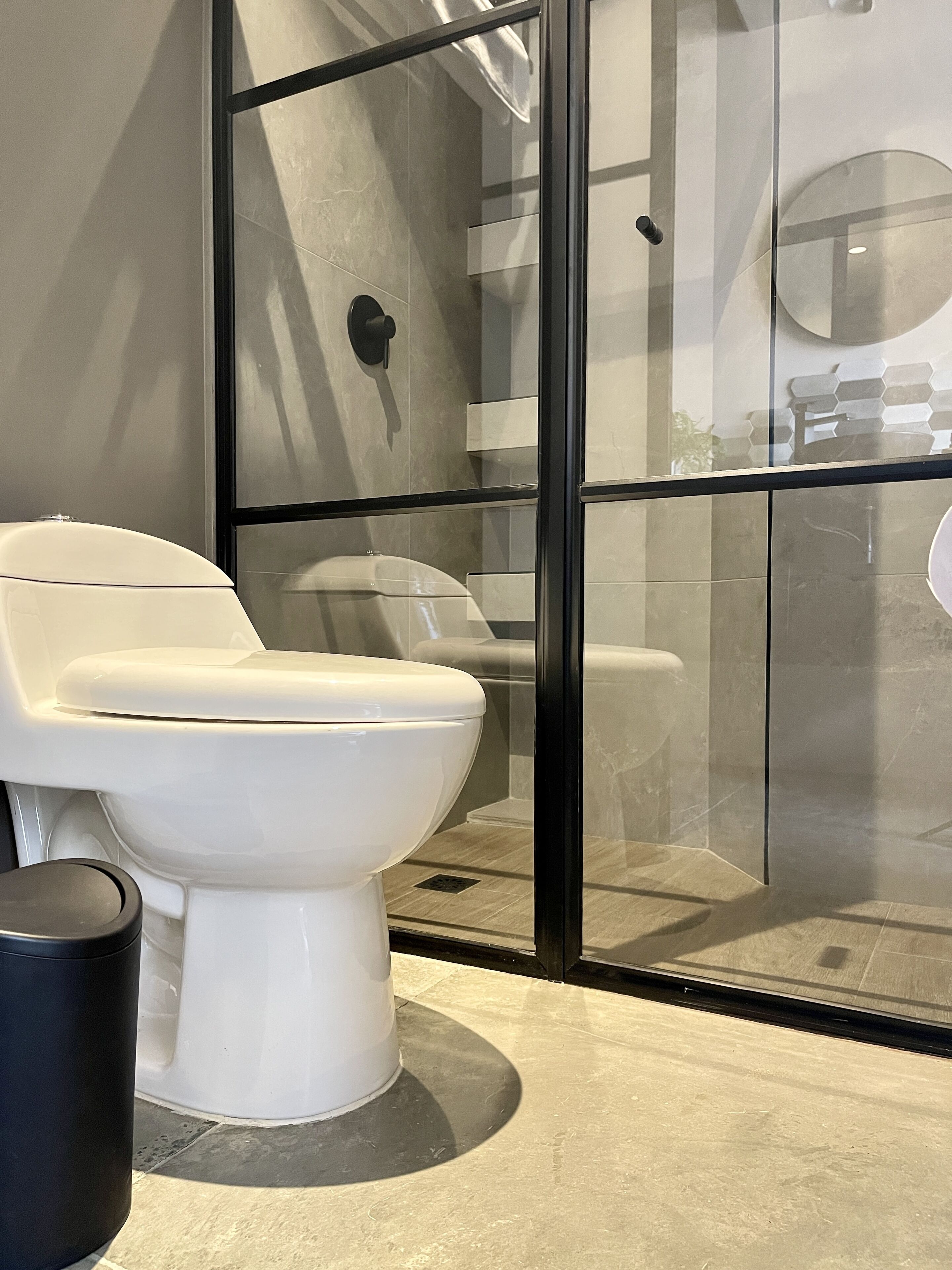 Une salle de bain moderne équipée de toilettes, d’un bidet et d’une douche séparée par des parois en verre.