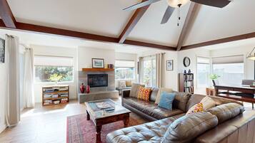 TV, fireplace, DVD player, books