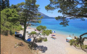 Relax on the pristine beach with clear blue waters and a mountainous backdrop, surrounded by lush trees and scenic views.