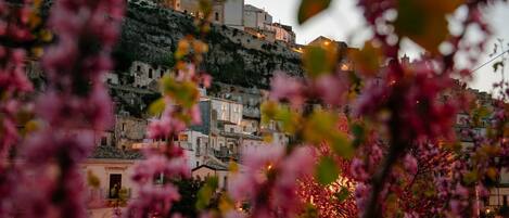 A hillside town with buildings built on a slope, featuring a mix of residential and possibly commercial structures.