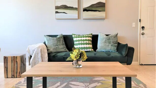 A living room with a wooden coffee table, a green sofa with patterned cushions, and two landscape paintings on the wall.