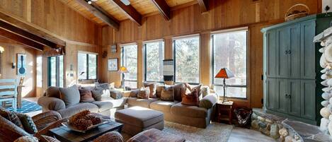 TV, fireplace, DVD player, foosball