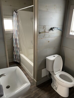 Combined shower/tub, towels, soap, toilet paper