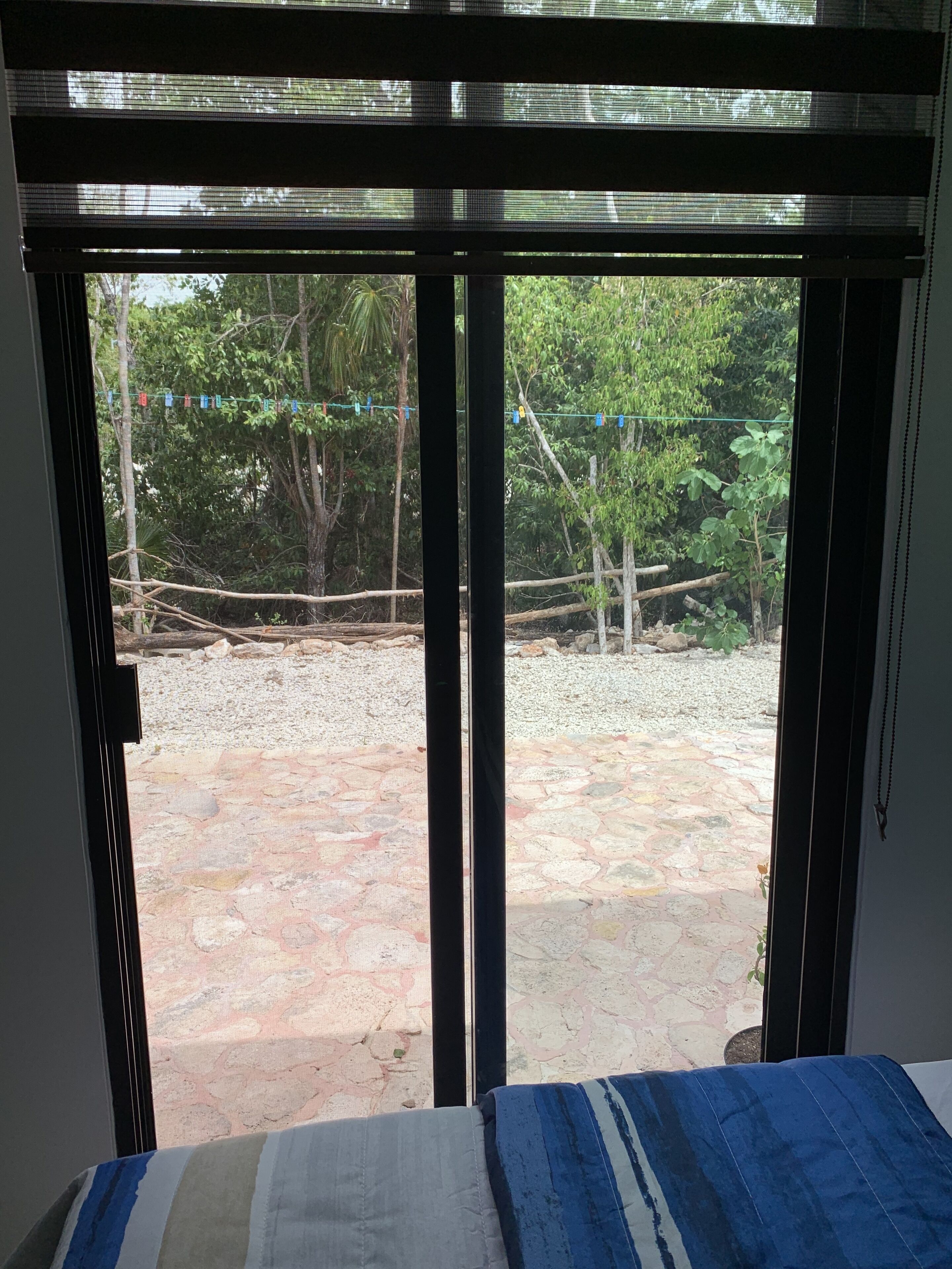 A room with a bed and a view through a window to an outdoor area with trees and a gravel path.
