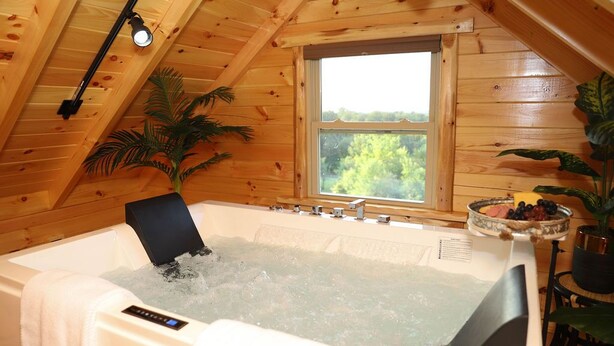 Een houten chalet met een jacuzzi, een raam met uitzicht op bomen en een bloempot.