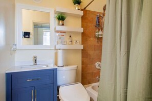 A bathroom with a white sink, blue cabinets, a toilet, and a shower area. - Colorful & Quirky 2-BR Loft w/Private Deck | MICA, JH & UMMC (Baltimore)