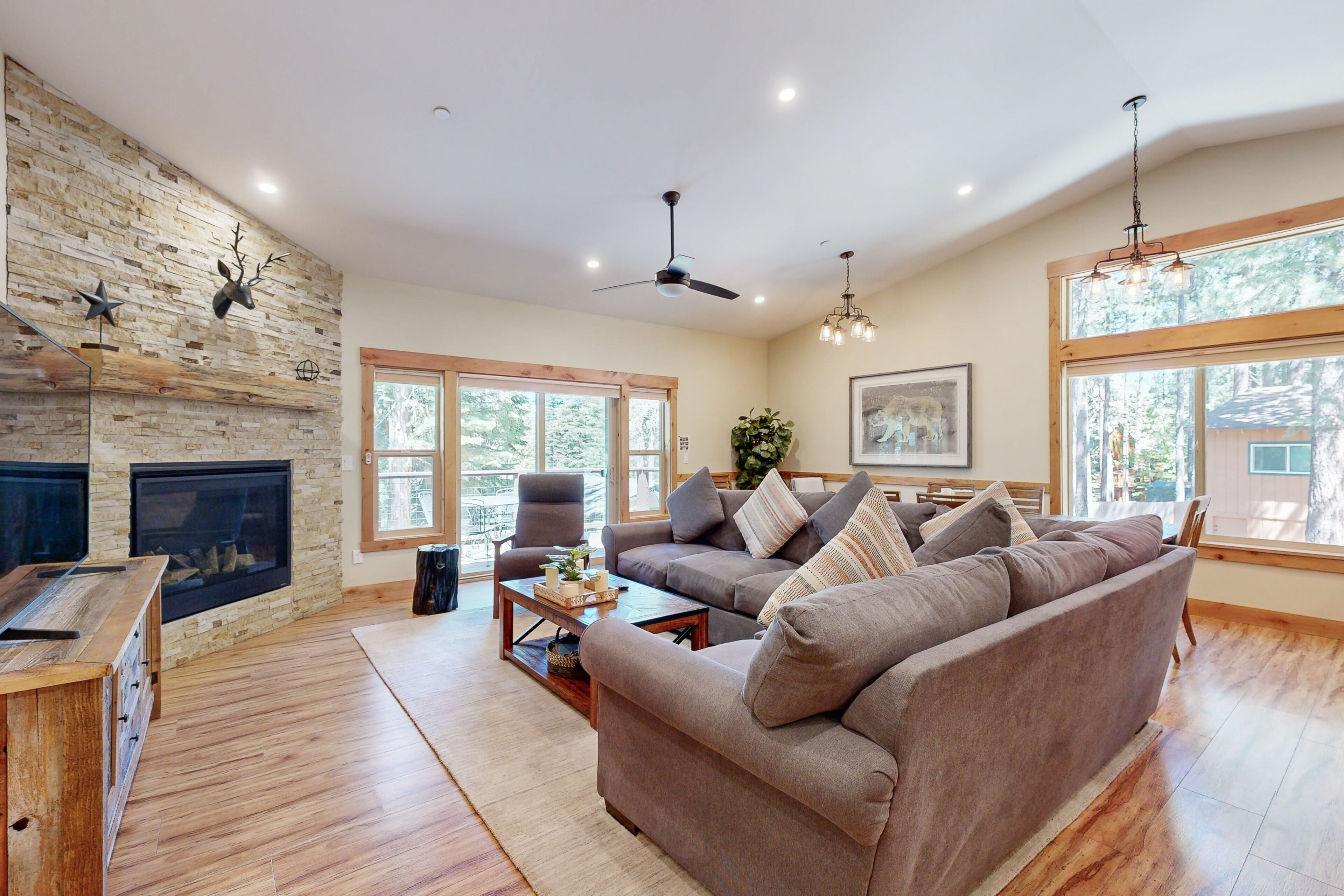 Flat-screen TV, fireplace