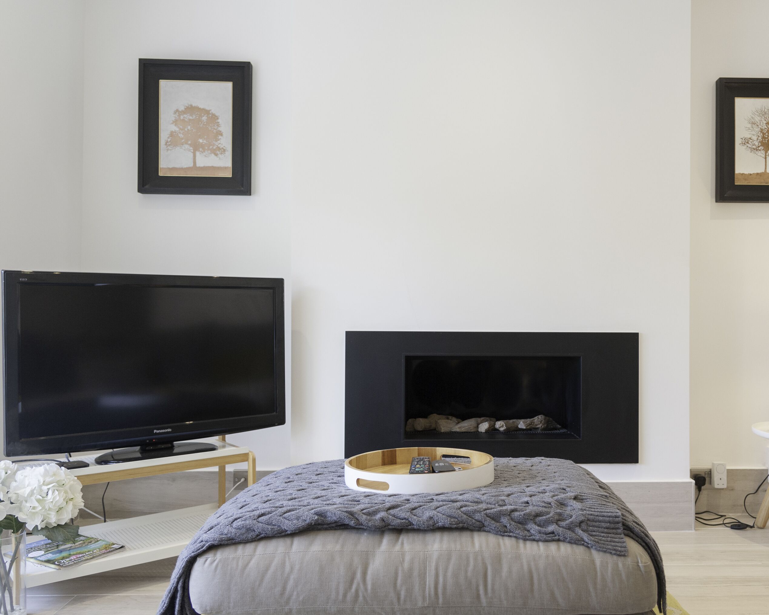 A modern living room with a flat-screen TV, a fireplace, and framed artwork on the walls.