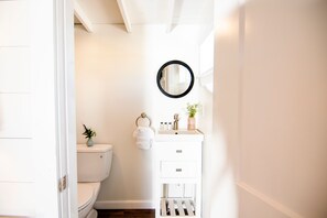 A bathroom with a white toilet, a sink with a mirror above it, and a small plant on the sink. - Prince of Whales (North Truro)
