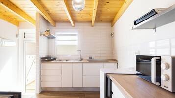 Een microgolfoven, een oven, een kookplaat