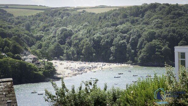 A coastal landscape with a beach, boats, and a forested hill.