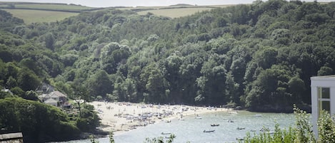A coastal landscape with a beach, boats, and a forested hill.
