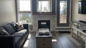Una sala de estar con chimenea, un sofá, una mesa de centro y un televisor.