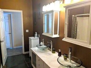 Hair dryer, towels, soap, shampoo