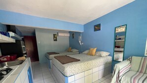 Une pièce de taille modeste comprenant un lit, un canapé, un coin cuisine et une salle de bain.