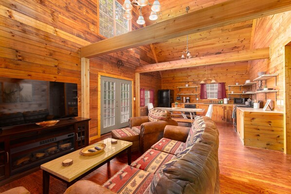 Smart TV, fireplace, video-game console, foosball