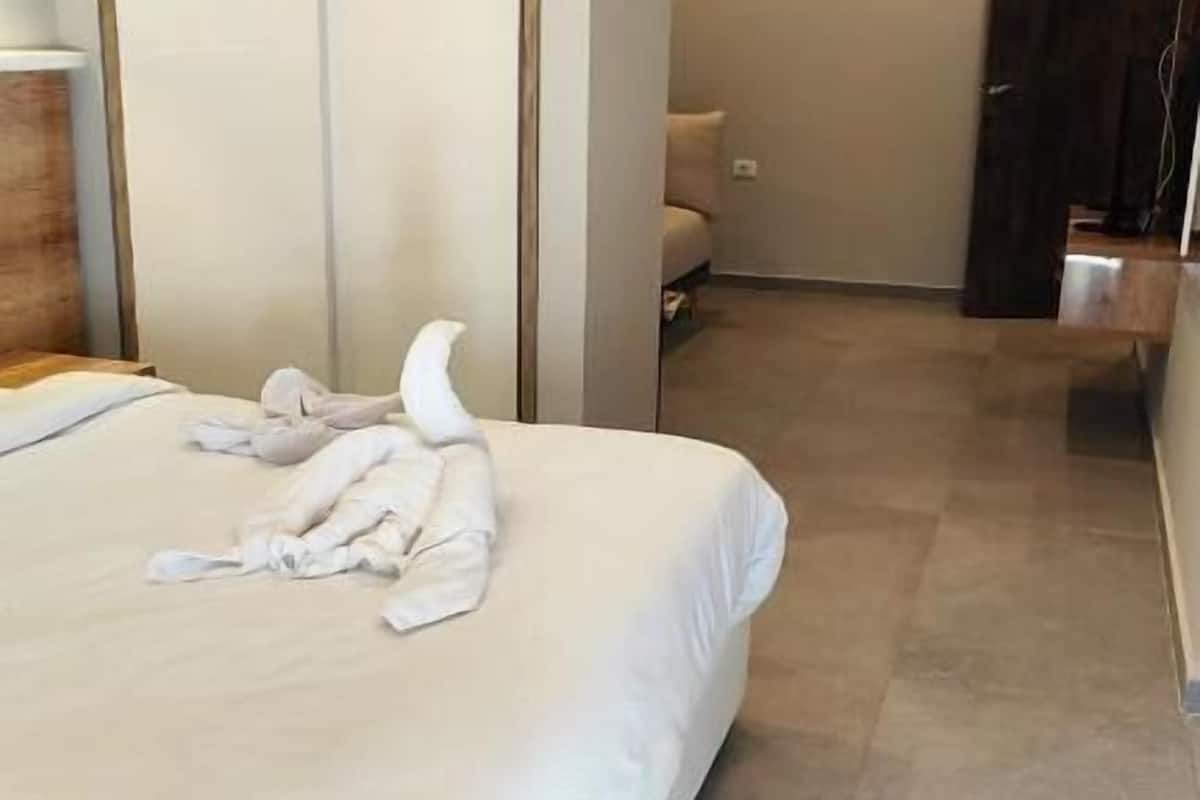 A hotel room with a large bed, a wardrobe, and a door leading to another room.