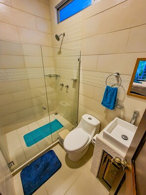 Regadera, toallas, jabón, papel de baño