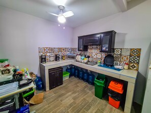 Fridge, microwave, coffee/tea maker, toaster