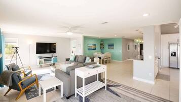 TV, fireplace, books, offices