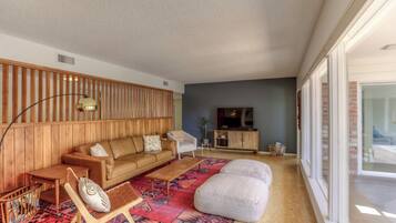 Smart TV, fireplace, books, music library