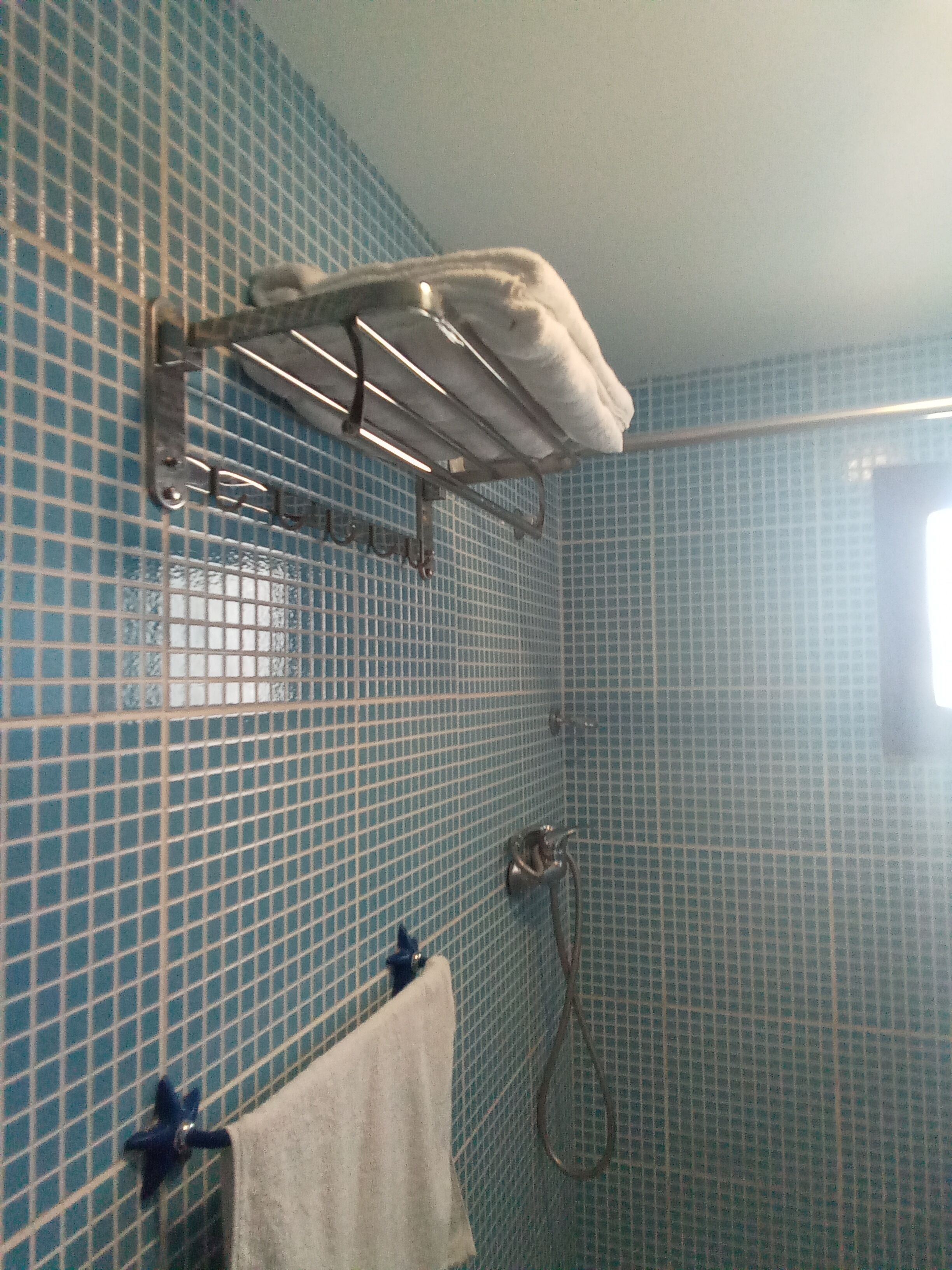 A bathroom with blue mosaic tiles, a towel rack, a shower head, and a towel hanging on the wall.