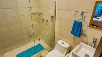 Regadera, toallas, jabón, papel de baño