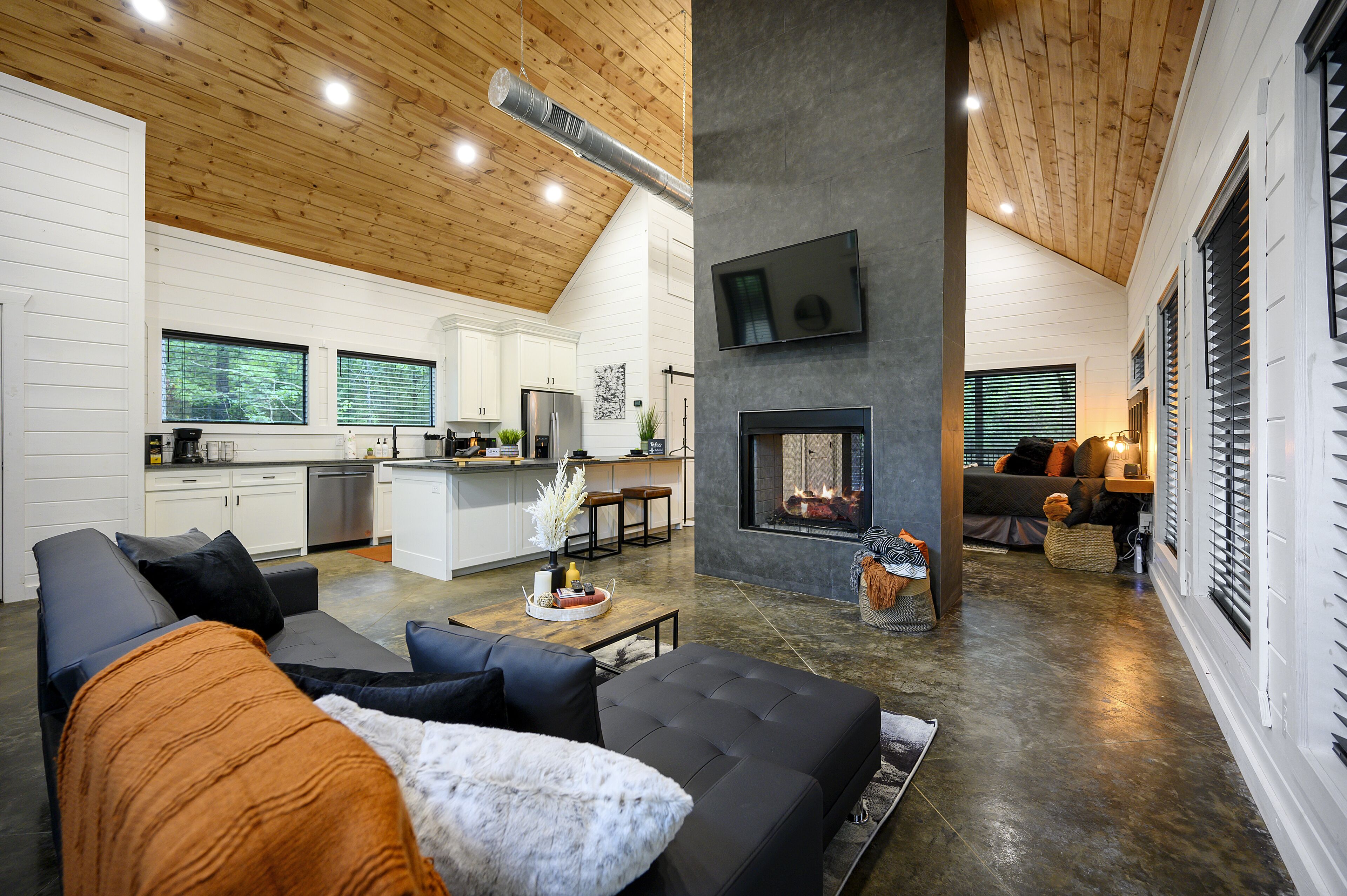 Smart TV, chimenea y libros 