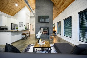 Smart TV, fireplace, books