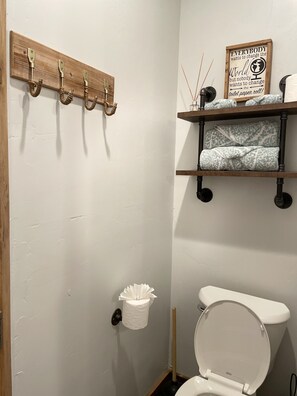 Shower, towels, soap, toilet paper