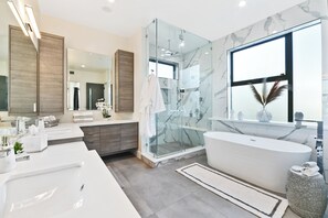 Bathtub, hair dryer, towels, soap