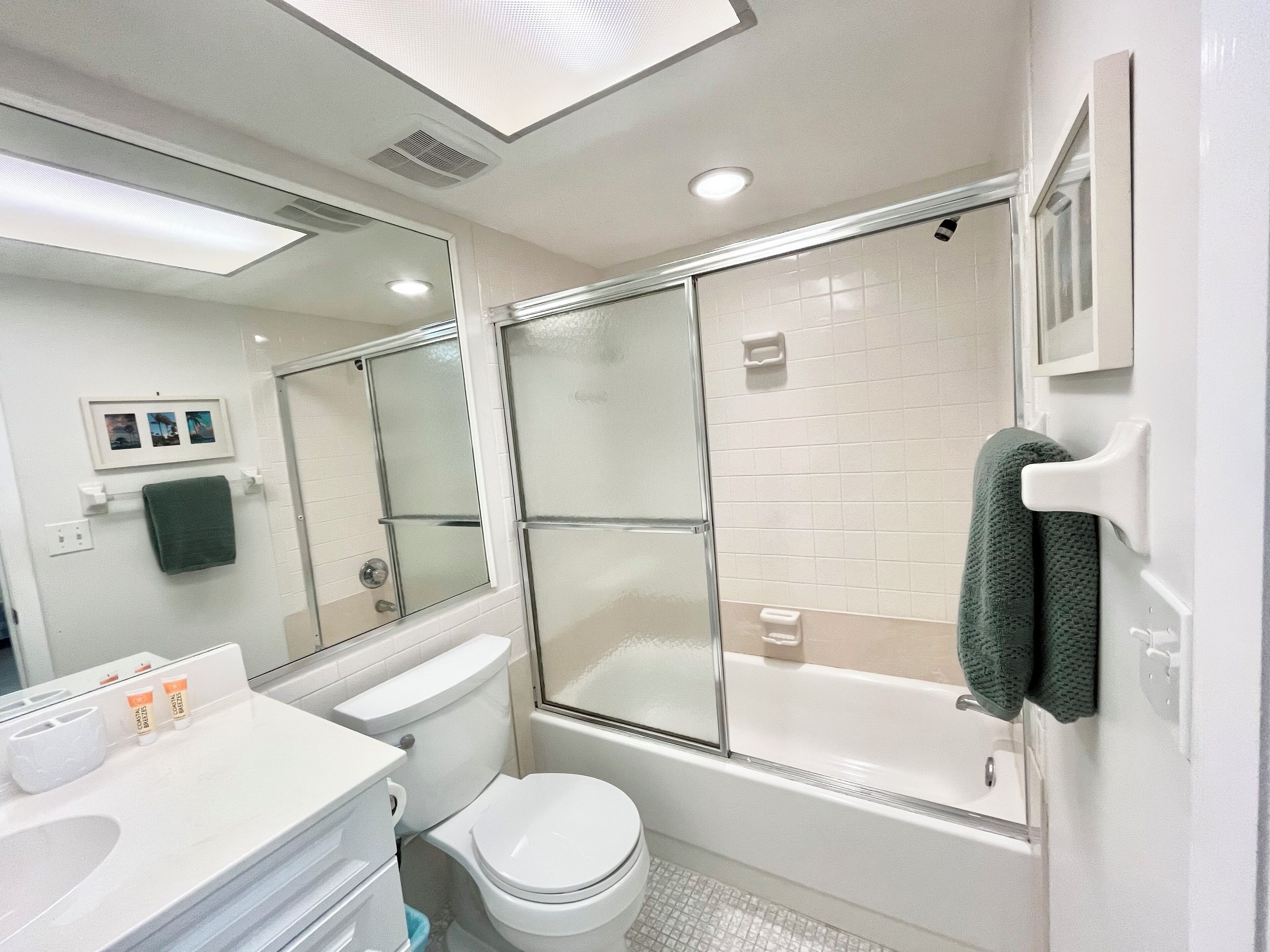 Dusj, hårføner og håndklær