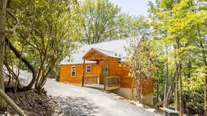A wooden cabin with a porch, surrounded by trees and a gravel path.