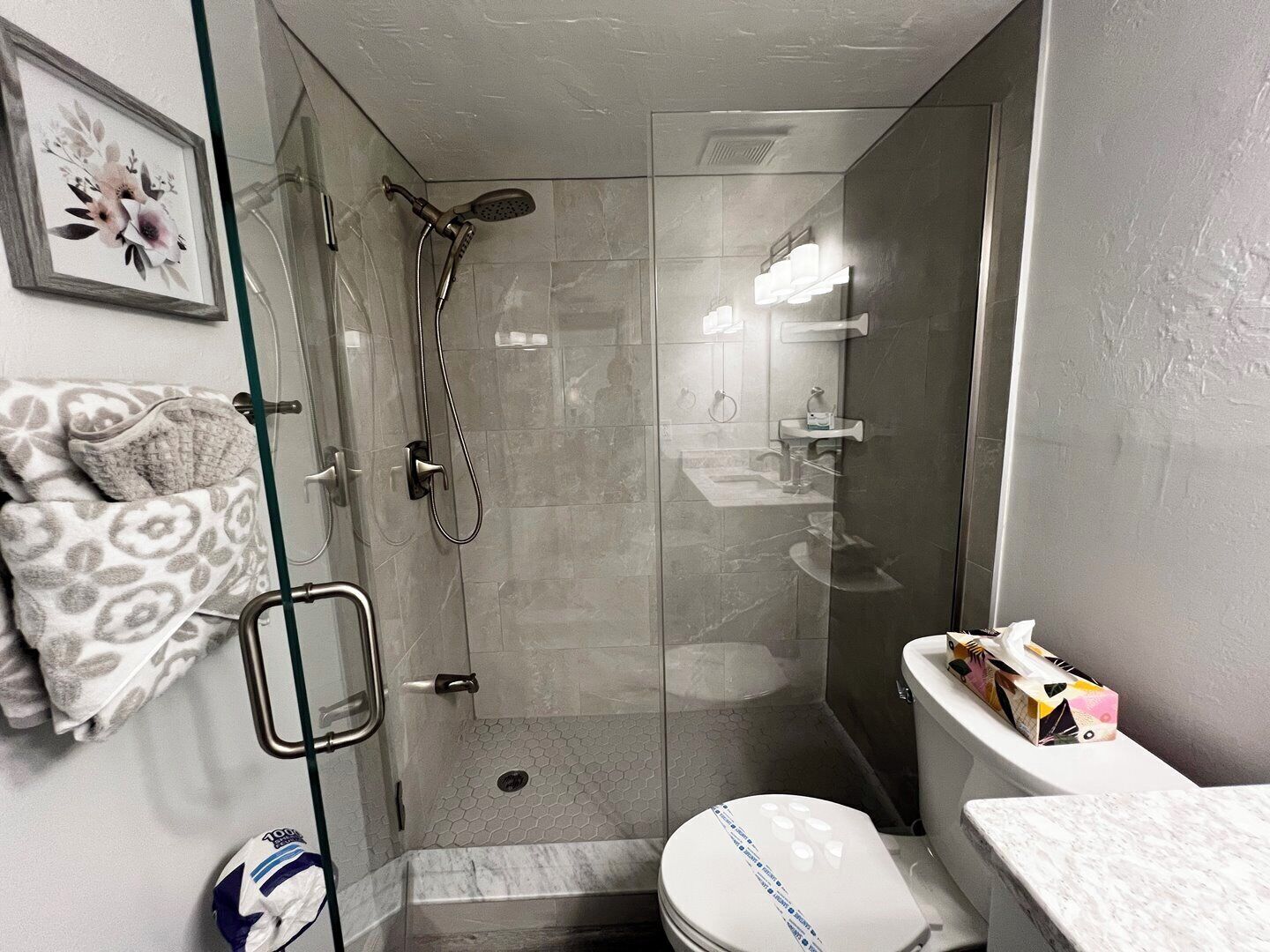 A modern bathroom with a glass shower enclosure, a toilet, and a sink.