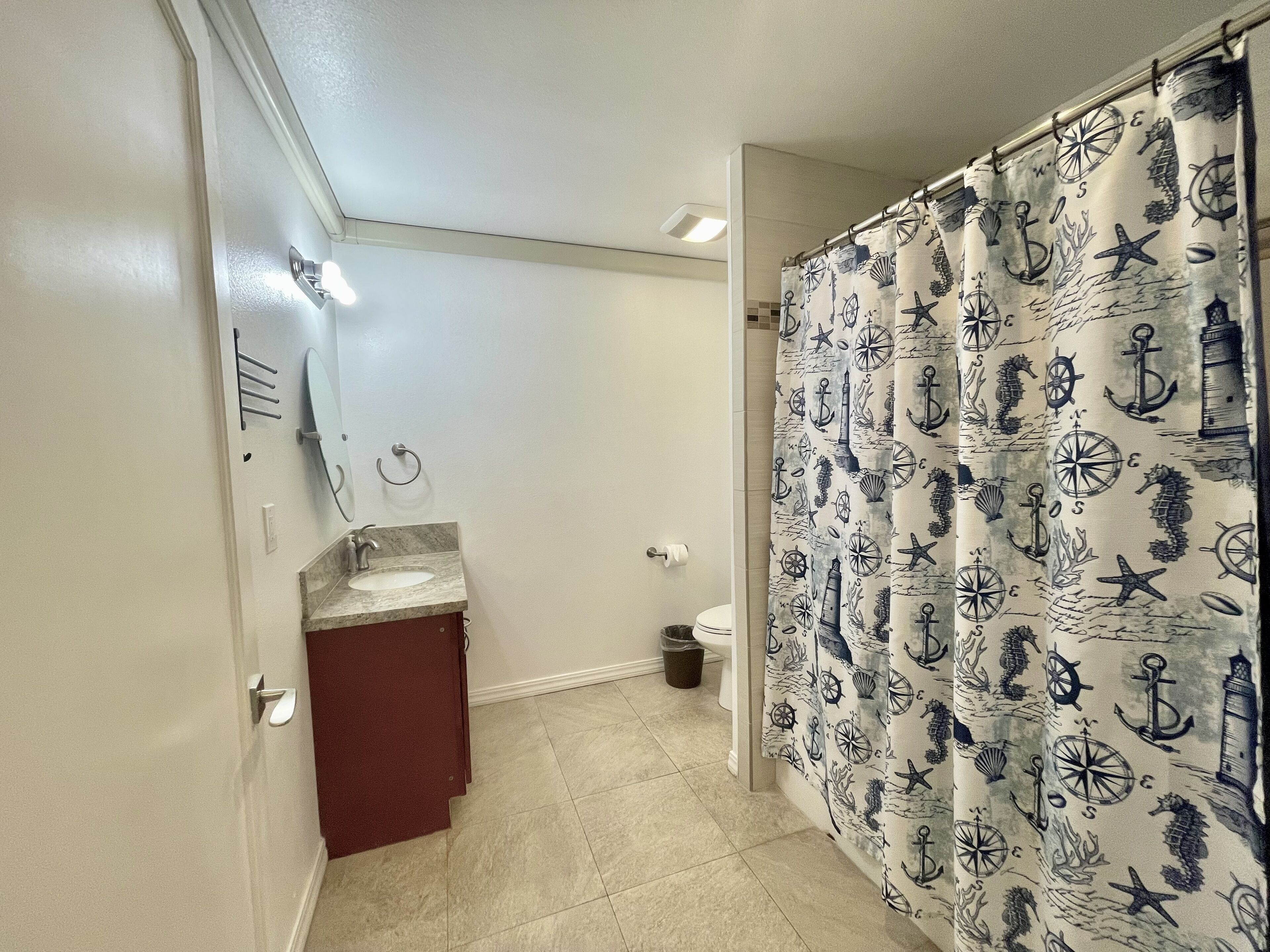 Combined shower/tub, hair dryer, towels, soap