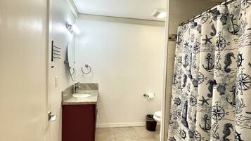 Combined shower/bathtub, hair dryer, towels, soap