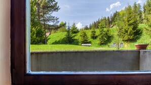 A window with a view of a green hillside, a bench, and a potted plant. - Apartment W3 Haus Ganghofer with Mountian View, Shared Terrace & Wi-Fi (Leutasch)
