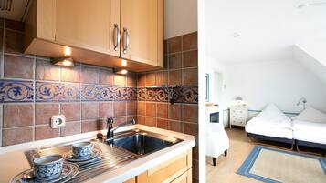 Fridge, stovetop, coffee/tea maker, electric kettle