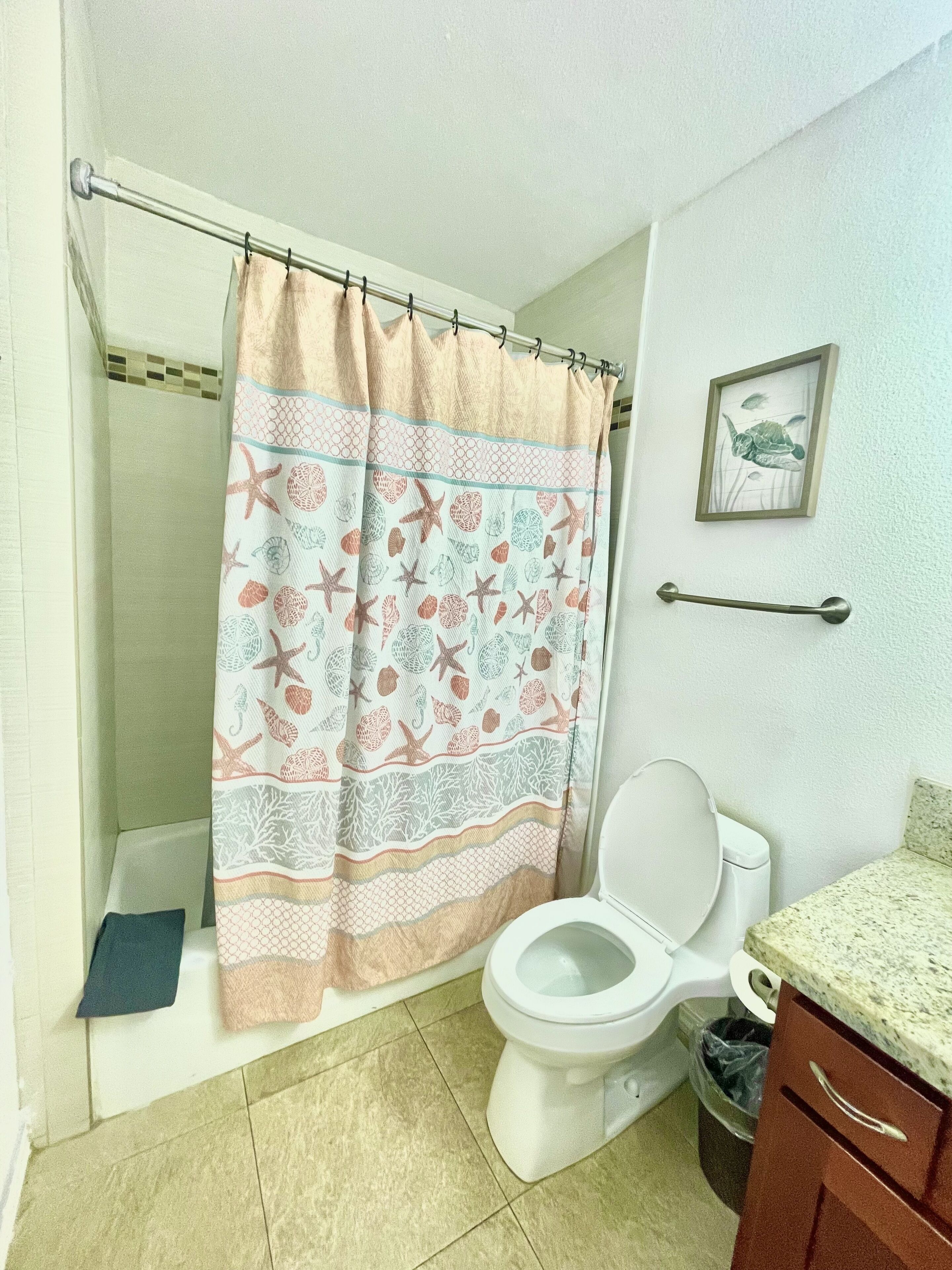 Combined shower/bathtub, hair dryer, towels, soap