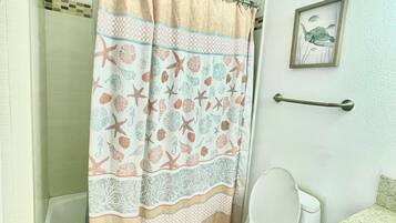 Combined shower/tub, hair dryer, towels, soap