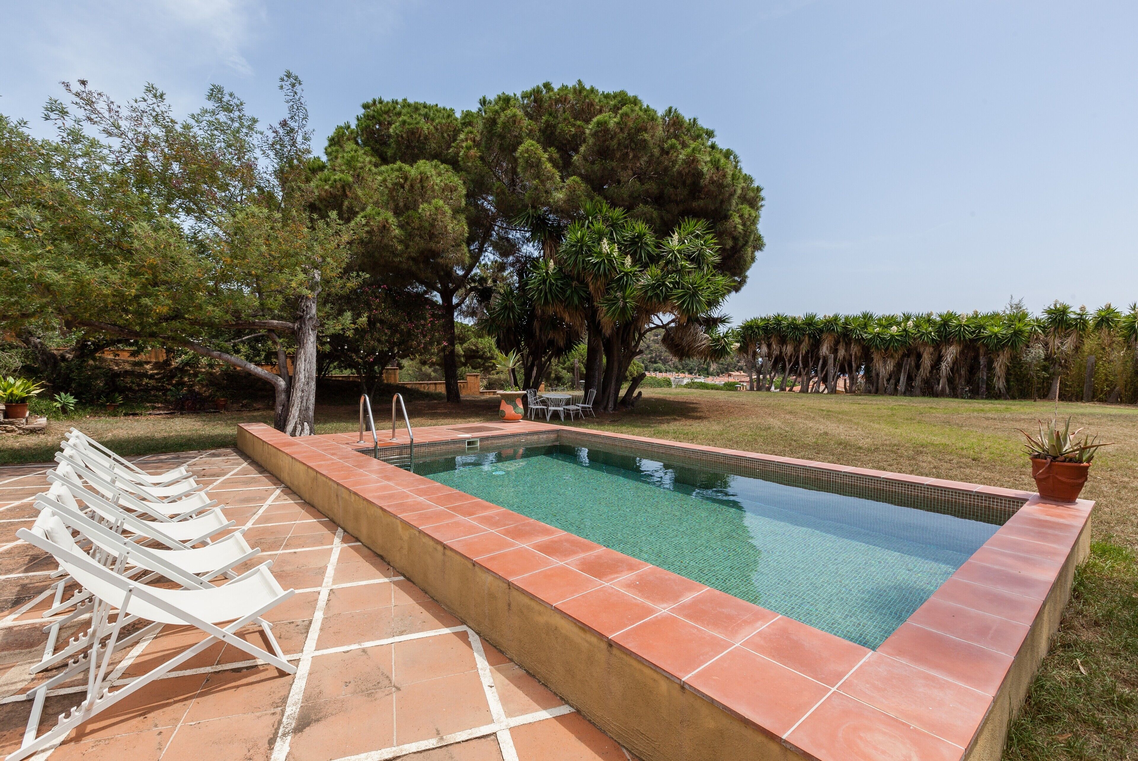 A rectangular swimming pool with a tiled edge, surrounded by a patio with lounge chairs.