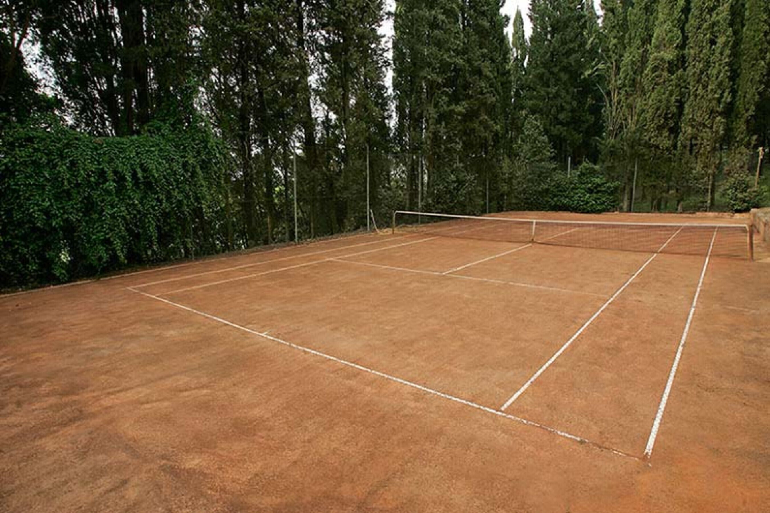 Un campo da tennis all'aperto circondato da alberi fitti.