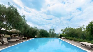 A swimming pool with lounge chairs and umbrellas, surrounded by trees. - Villa Milani with Shared Pool, Private Terrace & Wi-Fi (Montespertoli)
