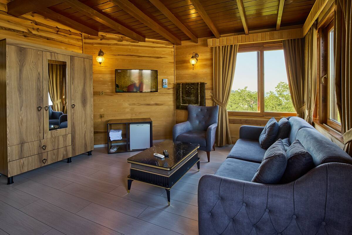 A wooden interior with a sofa, armchair, and a television on the wall.